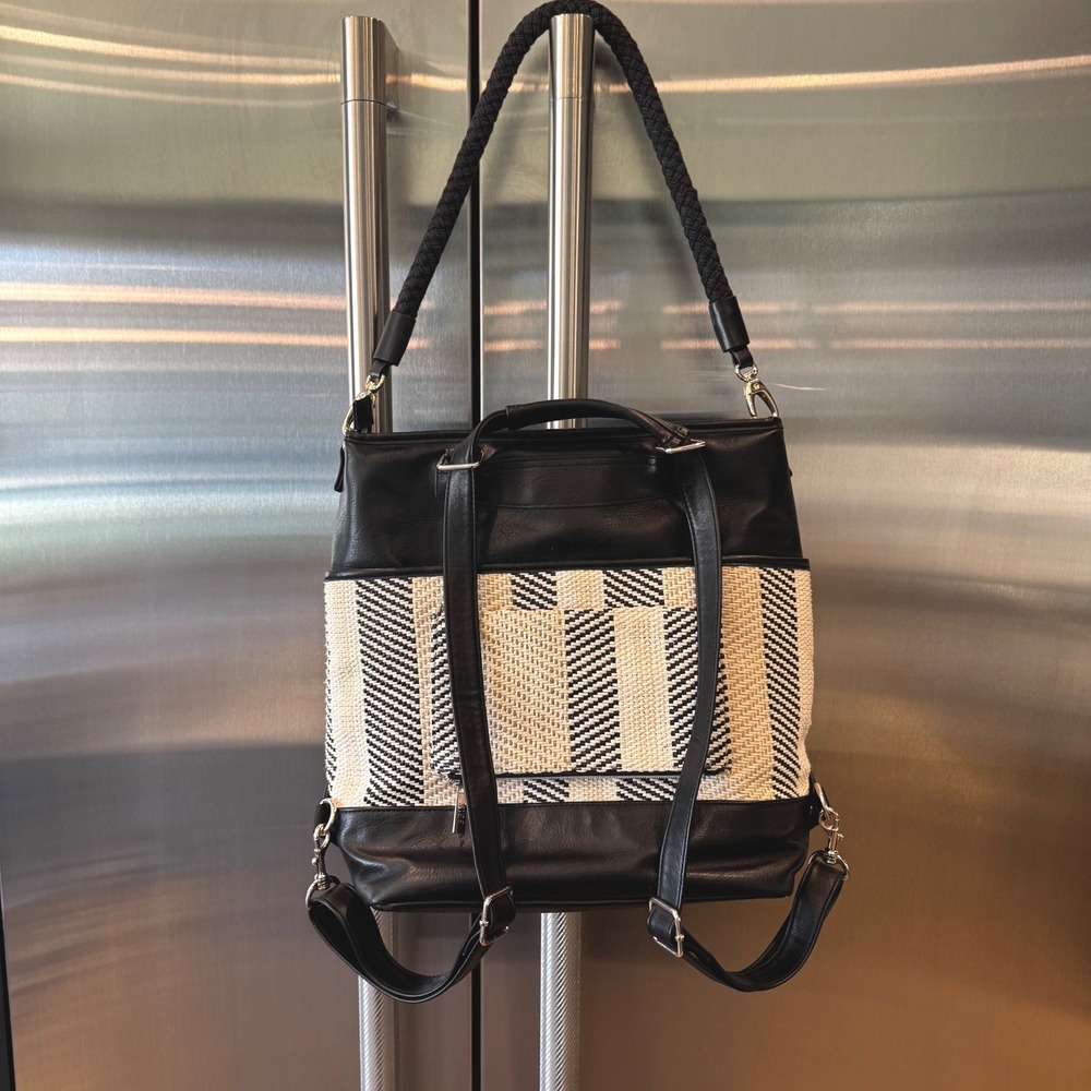 BEIS Convertible Tote Bag Black Cream Striped Faux Leather Woven Travel Handbag - Picture 4 of 16
